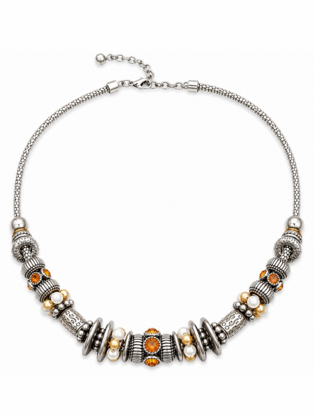 ANTHROPOLOGIE • Vintage Silver Statement Necklace Bohemian Amber Crystals Pearls
